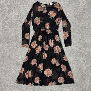 Everly Dress Womens O/S Black Floral Mesh Long Sleeve Fit & Flare Midi Party